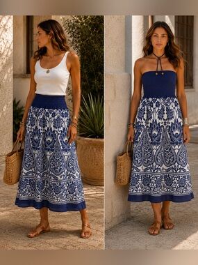 Blucrush Convertible Tube Dress / Maxi Skirt Boho Resort Cotton Midi Dress